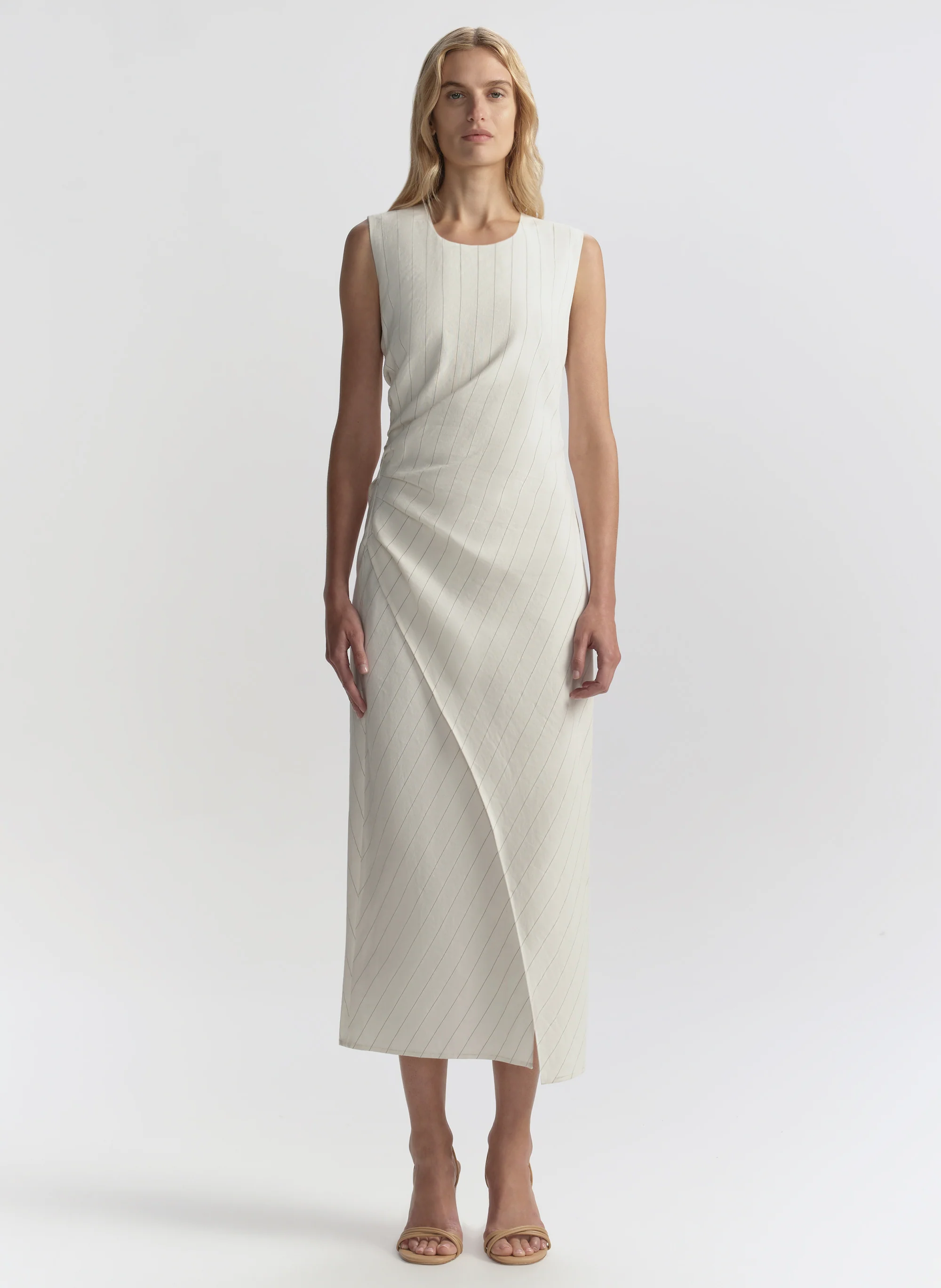 Caroline Linen Pinstripe Midi Dress
